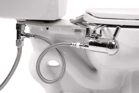 All Metal Bidet Attachment With Chromed Finish Easy Under Thirty Minute Install Adjustable Seven Hole Spray Head One Hand Joystick Control For Hot And Cold Water Mixer 2015 Upgrade For DIY Homeowners installed on toilet