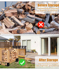 Before and after view of firewood stored in 4 Pack Firewood Storage Rack Brackets For Indoor Outdoor Use, Adjustable Heavy Duty Powder Coated Steel Log Holder, Vertical Wood Storage Rack For Fireplace Or Outdoor Fire Pit, Customizable Length With 2X4s. Before: disordered logs; After: neatly stacked in black brackets outdoors.