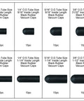 Black Rubber Vacuum Cap Assortment, 115 Piece Set in 10 Sizes, EPDM Caps for Vacuum Lines and Hoses displayed individually