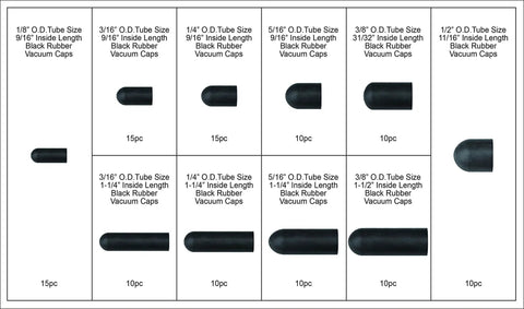 Black Rubber Vacuum Cap Assortment, 115 Piece Set in 10 Sizes, EPDM Caps for Vacuum Lines and Hoses displayed individually