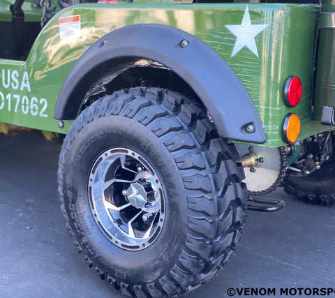 Close-up of Army Green 125cc Go Kart for Young Adults and Teens 16 Plus with Semi Automatic Transmission and Reverse Tire