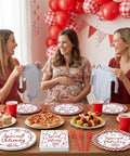 96 Piece Special Delivery Pizza Paper Plates And Napkins Set Hits Different With Chic Red White Checkered Prints For Italian Theme Baby Shower Neutral Gender Reveal Birthday Parties featuring women celebrating.