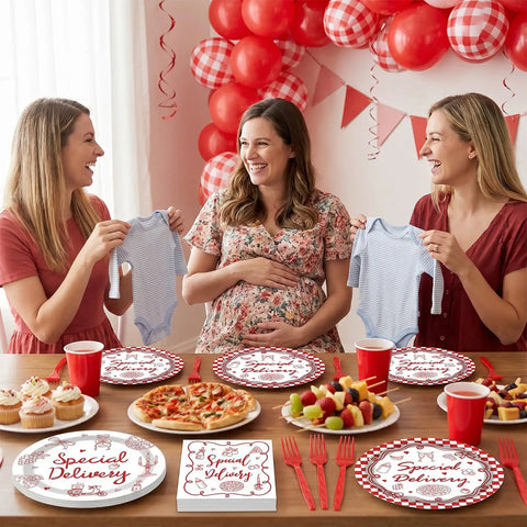 96 Piece Special Delivery Pizza Paper Plates And Napkins Set Hits Different With Chic Red White Checkered Prints For Italian Theme Baby Shower Neutral Gender Reveal Birthday Parties featuring women celebrating.