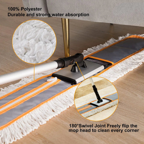 36 Inch Commercial Dust Mop With Long Handle And Pro Grade Heavy Duty Microfiber Pad for Hardwood Tile and Marble Floors shown in home setting.