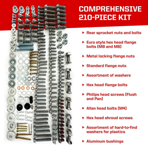 210 Piece Metric Motorcycle Bolt Kit for KTM Husqvarna Offroad Bikes with hex head flange bolts and rear sprocket nuts.