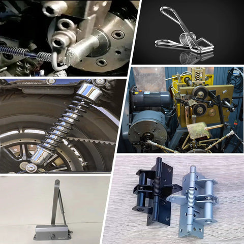 Collage view of stainless steel music-wire springs and hardware, including motorcycle suspension spring and hinge clamps