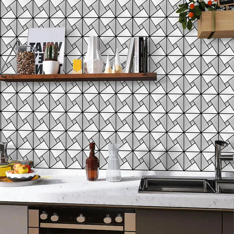 Peel And Stick Backsplash Tile Set With Glass And Metal Pinwheel Pattern in modern kitchen setup, 12x12 inch mosaic tiles.