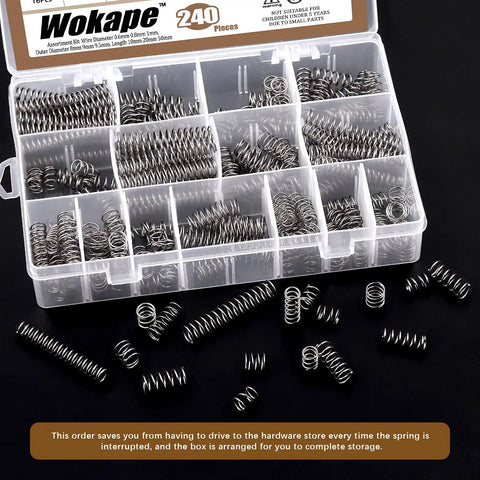 240 Piece Compression Springs Kit, 15 Size Stainless Steel Mini Springs For Home And Workshop Repairs, organized in a box
