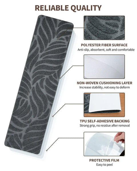 Peel And Stick Non Slip Stair Treads 8x30 Inches 15 Pack For Wooden Steps With Measuring Tool Easy Install Dark Grey Anti Slip Stair Carpet Runner Self Adhesive Grip showing layers including polyester surface, cushioning layer, and TPU adhesive backing.