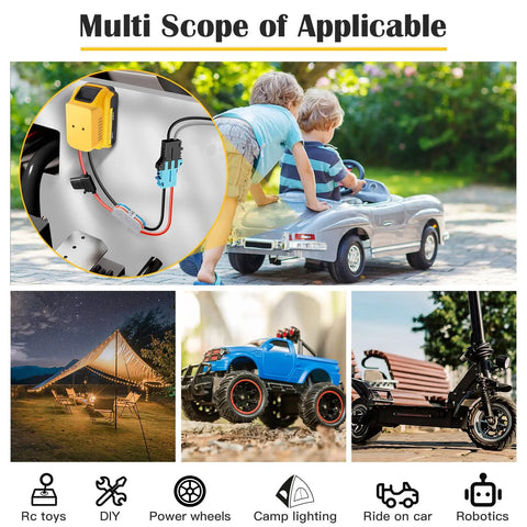 Collage showing Power Wheels Battery Adapter for Dewalt 20V, including children on ride-on car, RC truck, and DIY applications.