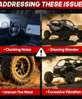 Image illustrating issues addressed by Can Am Maverick X3 Rear Radius Rods 64 Inch Heavy Duty Pre Adjusted Steel.