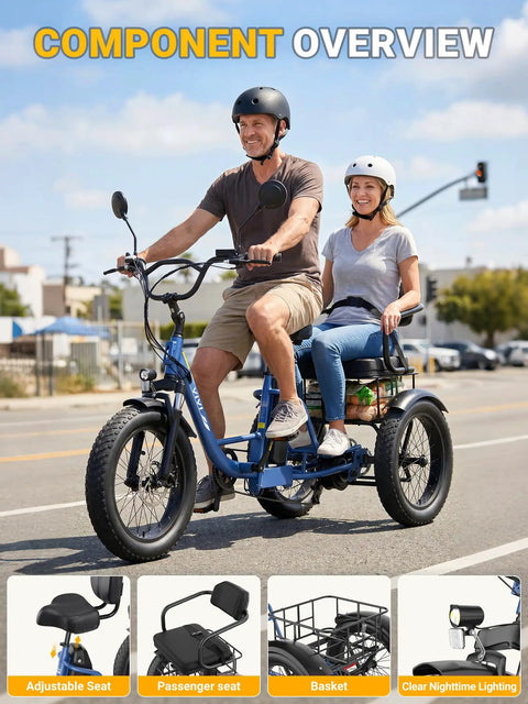 FAM01 Electric Tricycle For Adults With Basket And Two Seater Peak 1500W Motor 20 Inch Fat Tire Three Wheel E Bike 48V 18Ah Removable Battery Pedal Assist Rear Differential 75 Plus Mile Range, blue two-seat tricycle with basket