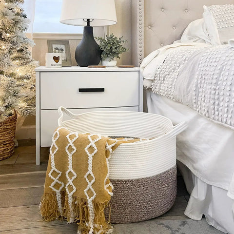 XXL Cotton Rope Blanket Basket With Handles For Living Room Storage 21.7 Inches Square And 13.8 Inches Tall Handwoven beside bed
