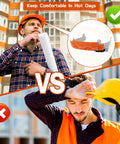 Split image showing orange hard hat sweatband in use vs without sweatband, highlighting Five Pack Hard Hat Sweatband Set Washable Replacement Liners Made From Flame Retardant Cotton For Welding Helmets Construction Hats And Chainsaw Gear Soft Absorbent Comfort Easy To Clean Durable And Reusable Go To Worksite Essential.