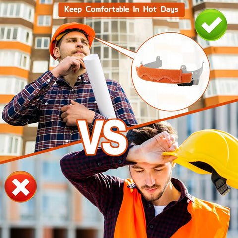 Hard Hat Sweatbands 2 Pack Washable Sweat Band Liners, Flame Retardant Cotton Replacement For Welding Helmets, Construction Hats, And Chainsaw Helmets, Keeps Sweat Out Of Your Eyes On The Job Site. Construction worker comparing comfort with and without orange flame-retardant cotton sweatband in hard hat.