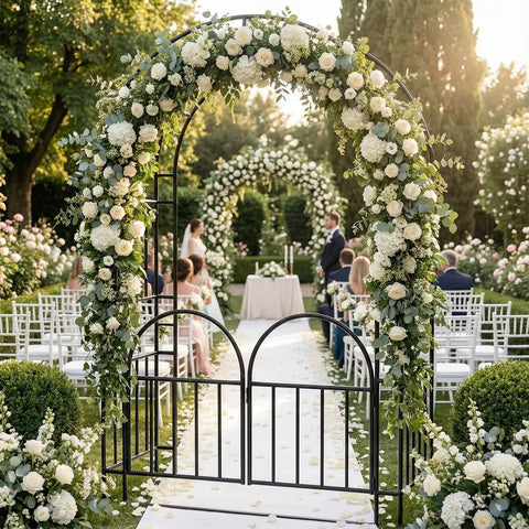 Heavy Duty 7Ft Garden Arch Arbor made from thick steel with climbing plants in outdoor wedding setting, rust-resistant finish.