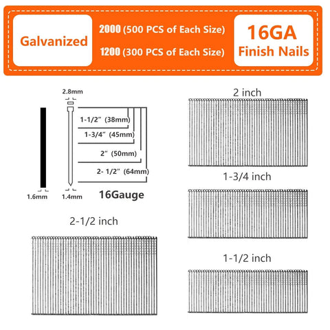 Pro Grade 16 Gauge Finish Nails Kit 1200-Pack Galvanized Nails With T-Shape And Chisel Point Assorted Sizes image
