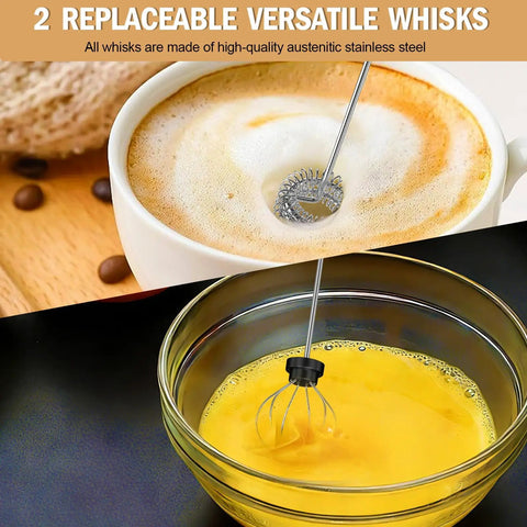 Rechargeable Handheld Milk Frother Electric Whisk With Three Speeds Dual Whisk Heads in coffee and egg mixing bowls