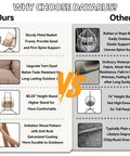Comparison chart between Dayarus egg chairs and others, highlighting features like metal frame, fade-resistant fabric, and height.