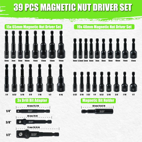 Magnetic Nut Driver Set For Impact Drill With Thirty Nine Pieces Includes Metric And SAE Hex Nut Drivers Quick Release Bit Holder And Toolbox Master Kit For Home DIY Projects And Pro Use