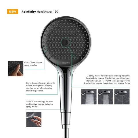 Rainfinity 5-Inch Handheld Shower Head With Three Spray Modes PowderRain Intense PowderRain MonoRain Chrome Finish