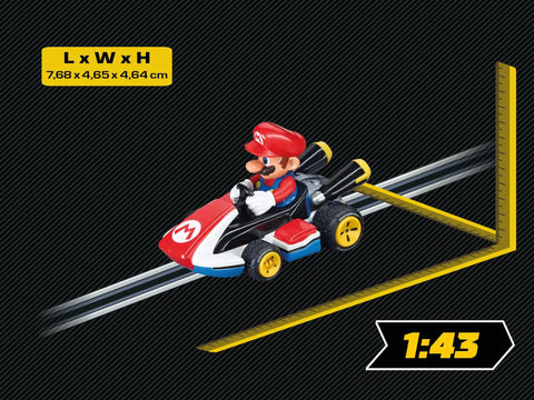 Mario Kart 1:43 Scale Analog Slot Car For GO Tracks And Battery Race Sets on black background with dimensions.