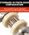Exact-Match Replacement Gear Pack Assembly For RV Slide-Out 2.5 By 2.5 Inch Silver White showing 15-tooth gear configuration.