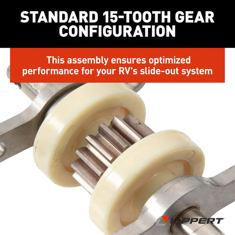 Exact-Match Replacement Gear Pack Assembly For RV Slide-Out 2.5 By 2.5 Inch Silver White showing 15-tooth gear configuration.
