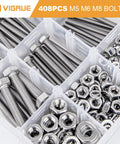 Top view of 408-piece VIGRUE stainless steel M5/M6/M8 bolts, nuts and washers in a plastic organizer