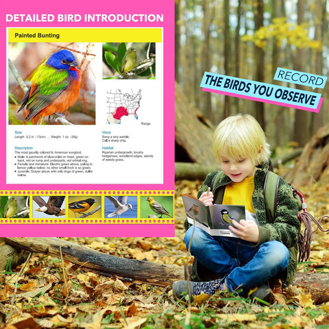 Kids Binoculars For Outdoor Adventures That Are Totally Fun, Great For Bird Watching, Camping, And Hiking, Designed For Ages 4 5 6 7 8, Ideal Gift For Girls And Boys, Lightweight Easy Grip, Real Optics, Durable Toy For Curious Explorers. Child reading bird guide in forest