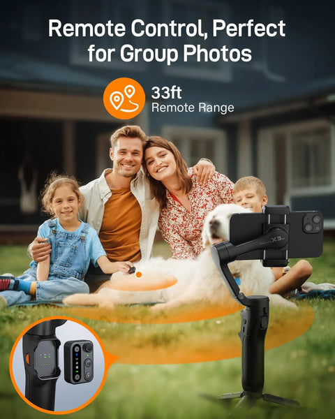 Family using Compact 3 Axis Phone Gimbal With Detachable Magnetic Remote for group photo, showcasing foldable stabilizer.