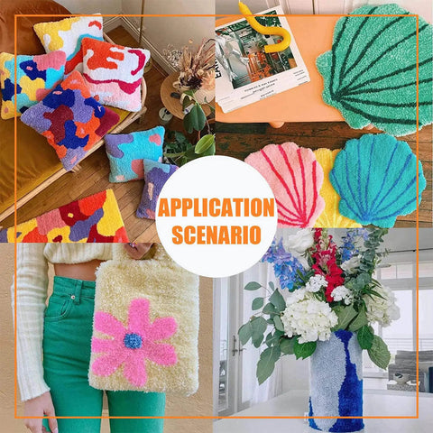 Colorful custom rugs and home decor made with Tufting Gun Kit for Beginners With Cut Pile and Loop Pile Tools on display.
