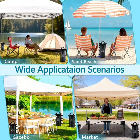Heavy Duty Sand Bags for Canopy Legs, Portable Tent Weights Set of 4 in use at camp, beach, gazebo, and market scenarios.