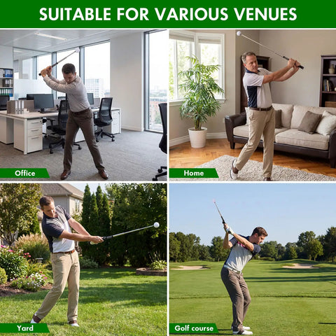 Six Pack Retractable Golf Swing Trainer Set With Click Feedback used in office, home, yard, and golf course settings.