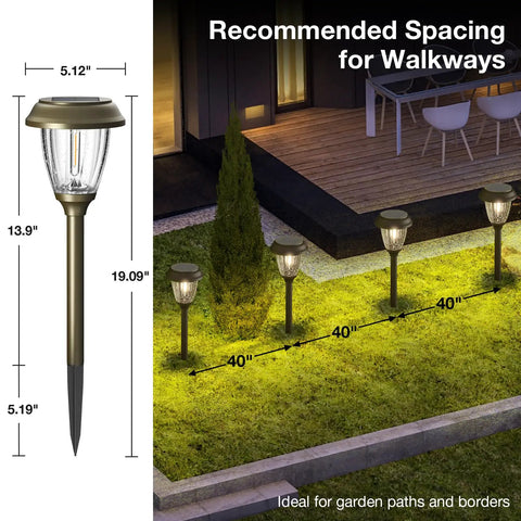 Solar Outdoor Pathway Lights With Two Modes Dope 10 Lumen Low And 25 Lumen High LED IP65 Waterproof Glass and Metal Garden Lamps on walkway