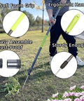 Weed Puller Tool With 48 Inch Long Handle And Soft Foam Grip For Easy Weed Removal, showing ergonomic grip and rust-proof forks in use.