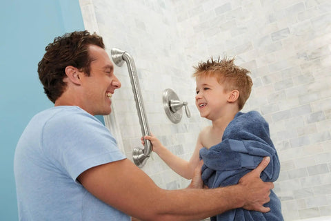 Father and child by 24 Inch Handicap Grab Bar For Bath And Shower With Curled Grip No Slip Brushed Nickel Heavy Duty Stainless Steel