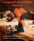 Tough Electric Chainsaw Sharpener Bench Mounted with transparent protective shield and mounted on workbench for safe use.