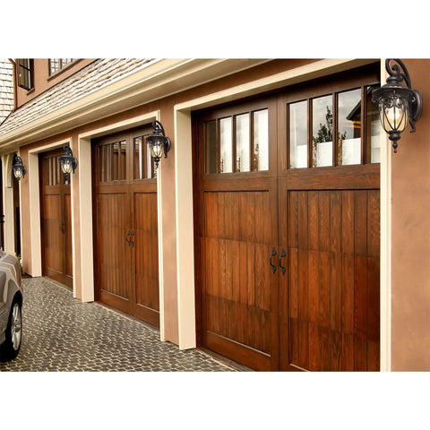 Row of garages with Antique Bronze Outdoor Porch Light With Wall Mount Vintage Exterior Sconce Lanterns, warm glow reflecting
