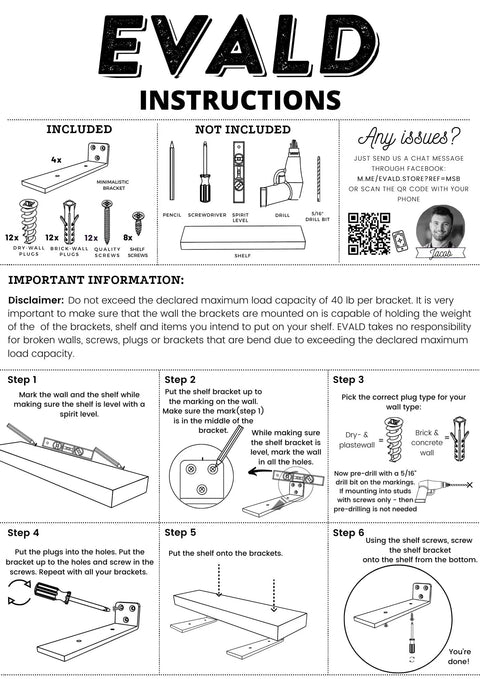 Assembly instructions for hidden floating shelf brackets, showing tools and steps for installing black carbon steel mounts for 6-inch boards.