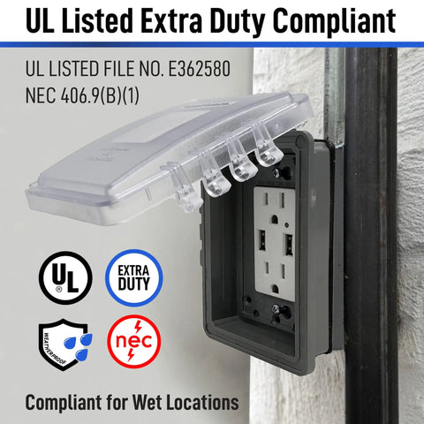 Lockable Weatherproof 1 Gang Outdoor Outlet Cover With Slim Low Profile Design showing clear plastic cover, mounted.