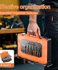 Ferrule Crimping Tool Kit With Portable Case held by person, showing the closed orange and black organizer for AWG 23-7 tools.