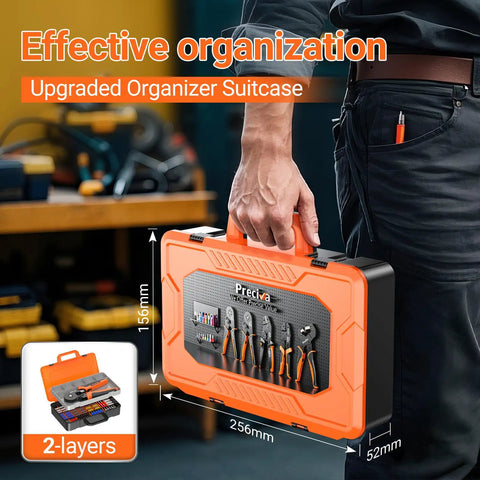 Ferrule Crimping Tool Kit With Portable Case held by person, showing the closed orange and black organizer for AWG 23-7 tools.