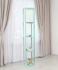 Aqua Floor Lamp Etagere Organizer With Three Shelves And Linen Shade Built In USB Ports And Outlet Under Shade For Easy Device Charging