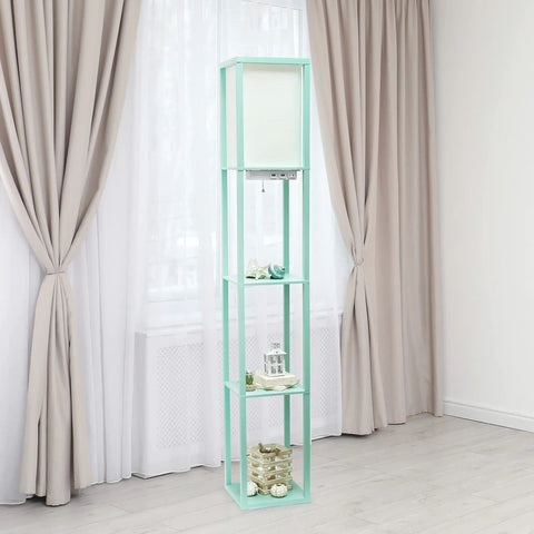 Aqua Floor Lamp Etagere Organizer With Three Shelves And Linen Shade Built In USB Ports And Outlet Under Shade For Easy Device Charging
