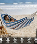Double Brazilian Cotton Hammock Portable Outdoor Camping Hammock With Tree Straps Travel Bag for beach lounging, blue, gray.