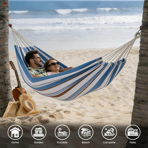 Double Brazilian Cotton Hammock Portable Outdoor Camping Hammock With Tree Straps Travel Bag for beach lounging, blue, gray.