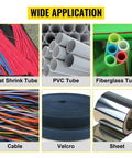 Image showing various materials including heat shrink tube, PVC tube, fiberglass tube, cable, velcro, and sheet for YS-100 Auto Heat Shrink Tube Cutter With 350W Micro Computer Control Cold Cutting Machine For Pvc Tape And Belt Die Cutting Up To Half Inch Diameter Fast And Precise Synchronous Operation.