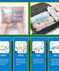 Person compressing Travel Compression Bags 12-Piece Set With 6 Medium And 6 Large Space Saver Bags No Vacuum Needed For Cruise Packing, step-by-step instruction illustration.