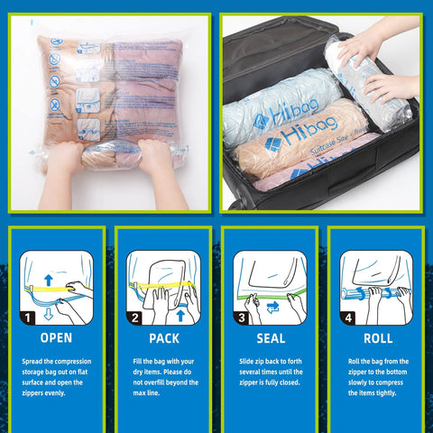 Person compressing Travel Compression Bags 12-Piece Set With 6 Medium And 6 Large Space Saver Bags No Vacuum Needed For Cruise Packing, step-by-step instruction illustration.